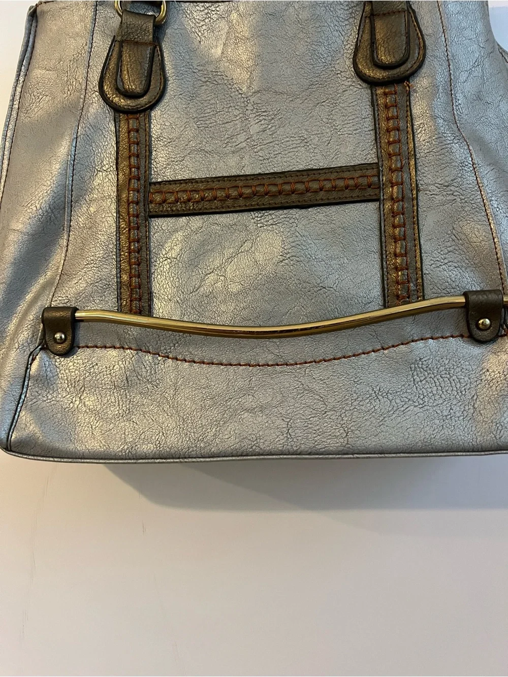 Limelight Metallic Silver Tote Bag, Brown Trim, Braided Detail & Floral Lining - Picture 16 of 16